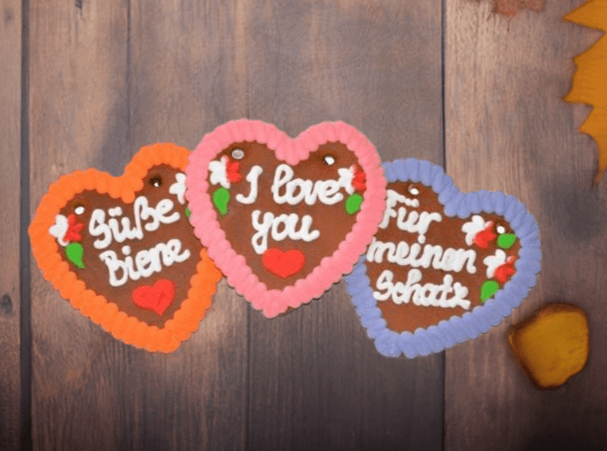 1 Wiesn Lebkuchenherz , Lebkuchenherzen Spruch mit verschiedenen Texten 13 x 14 cm, Produzent - Lebkuchenherzen-Fabrik