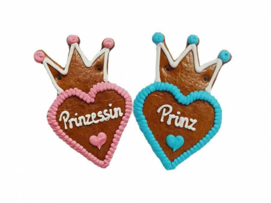 Lebkuchenherzen mit Krone 10 cm ,Prinzessin und Prinz 40 Stück im Karton