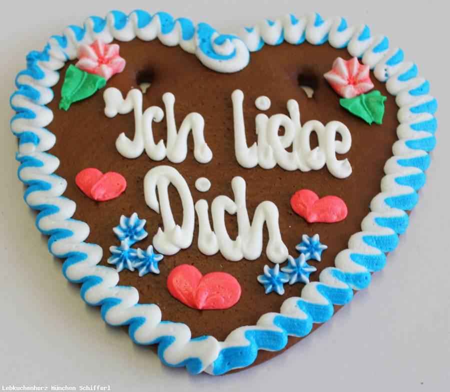 Lebkuchenherzen Spruch Ich liebe Dich ,Rand blau/weiss 23 cm ,1 Lebkuchenherz