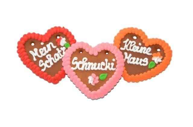 Lebkuchenherz Spruch, mit verschiedenen Texten,60 Herzen im Karton