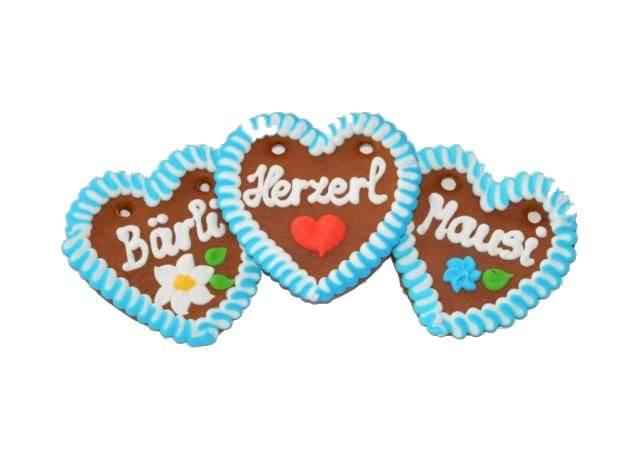 Lebkuchenherzen, 60 im Karton bayrisch weiß/blau 10 cm