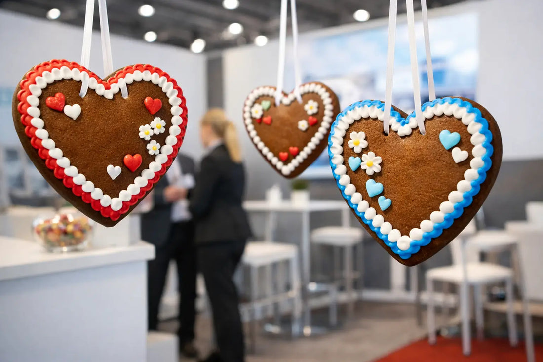 Lebkuchenherzen für den Messestand einsetzen