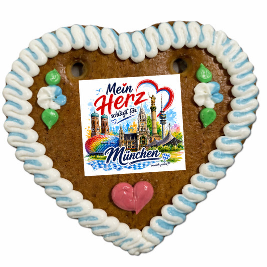 Lebkuchenherz „Mein Herz schlägt für München“ mit essbarem Aufleger von Lebkuchenherzen-Fabrik, detailreiche Dekoration, traditionelles Design