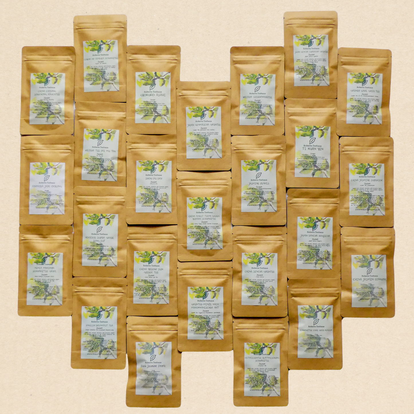 Probierpaket: Von jeder der 25 angebotenen Teesorten 20 Gramm - Lebkuchenherzen-Fabrik