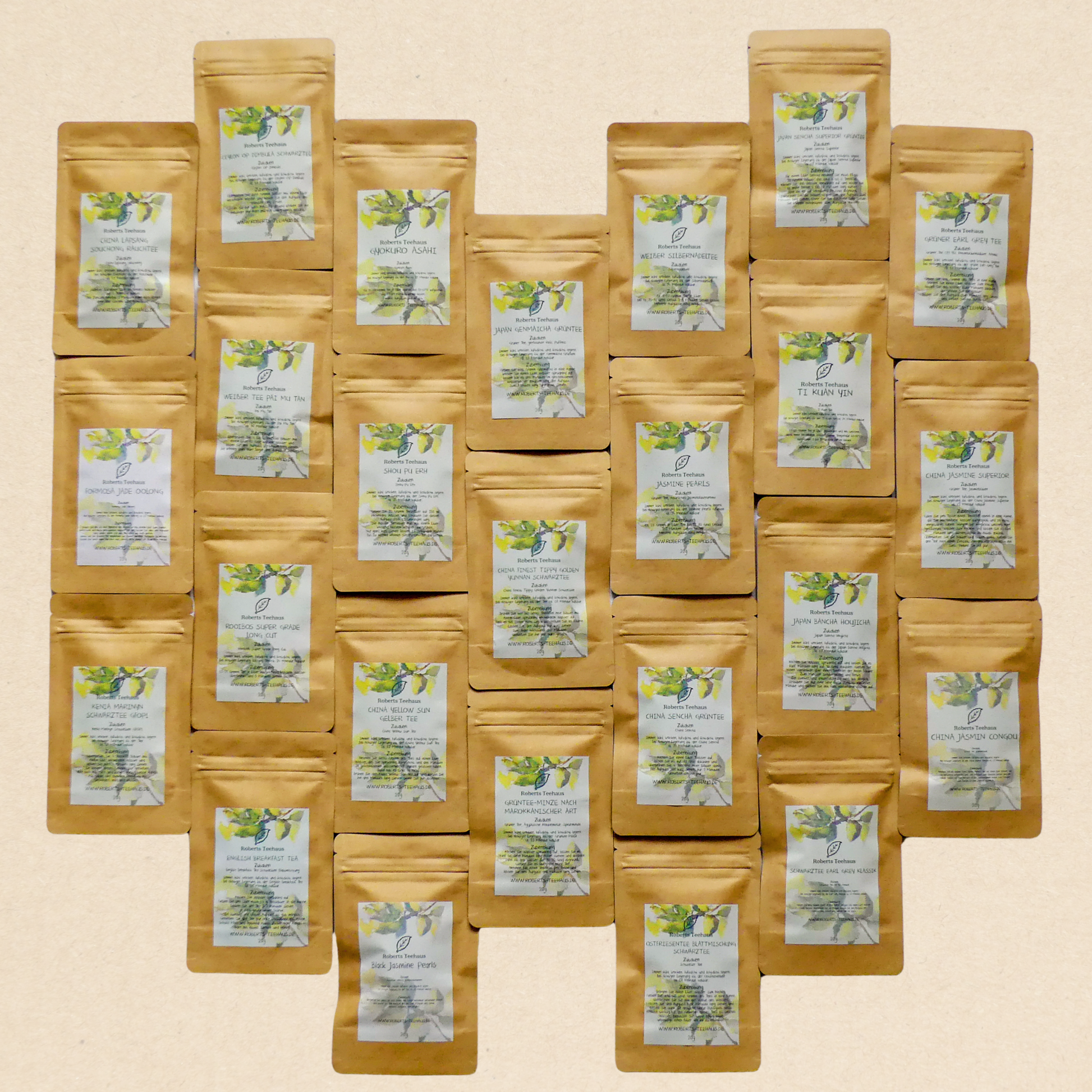 Probierpaket: Von jeder der 25 angebotenen Teesorten 20 Gramm - Lebkuchenherzen-Fabrik