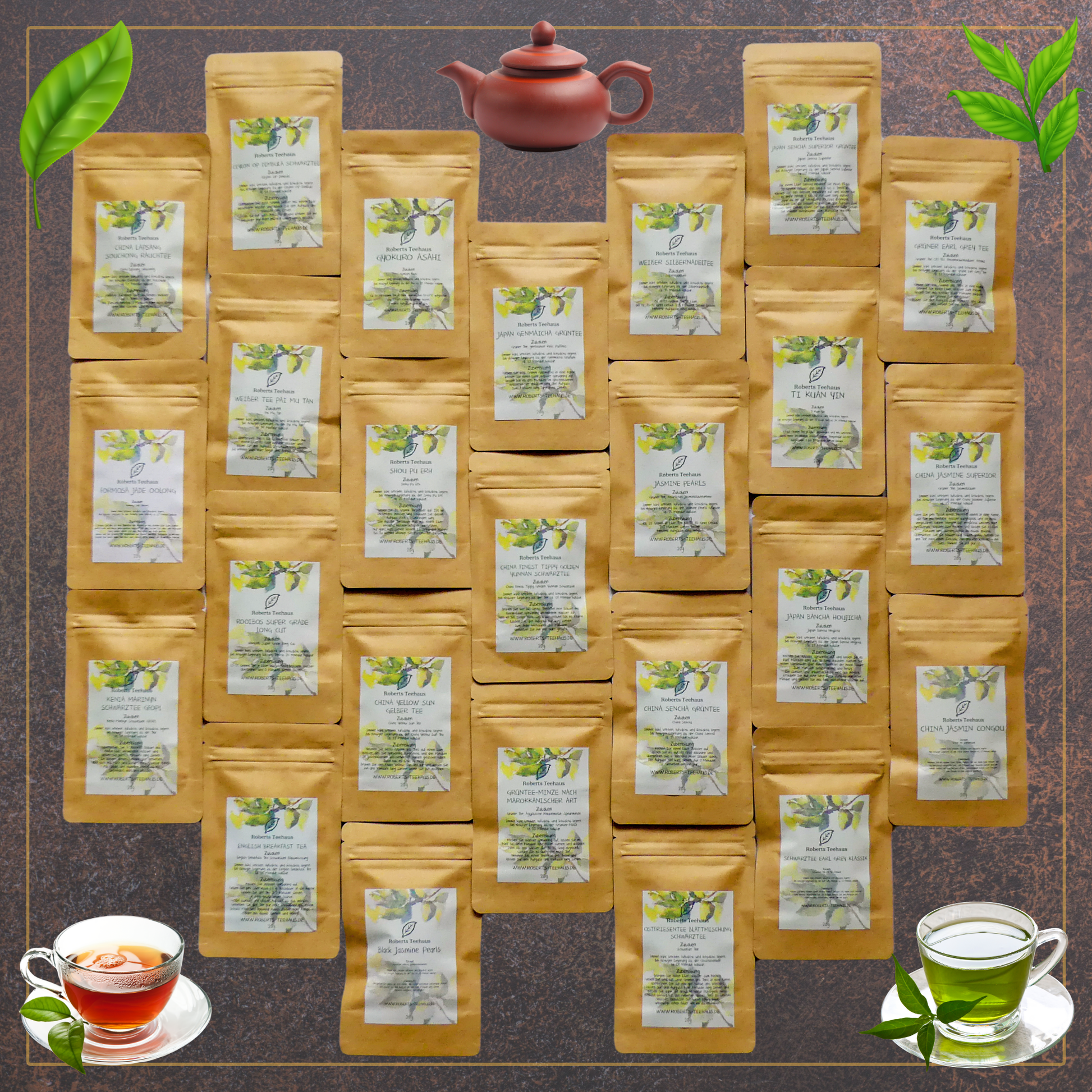 Probierpaket: Von jeder der 25 angebotenen Teesorten 20 Gramm - Lebkuchenherzen-Fabrik