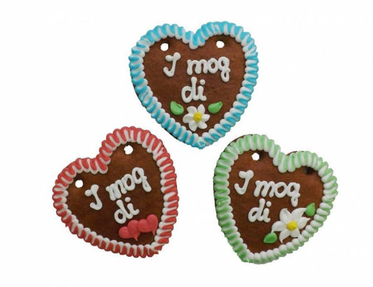 Spruch  I mog di , 10 cm mit bunten zweifarbigen Rand 1 Lebkuchenherz - Lebkuchenherzen-Fabrik