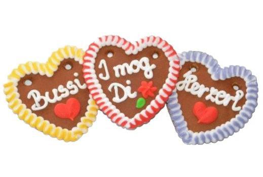 60 Lebkuchenherzen im Karton bayrisch bunt, Liabs Herzl, Spatzl, Mausi 10 cm - Lebkuchenherzen-Fabrik